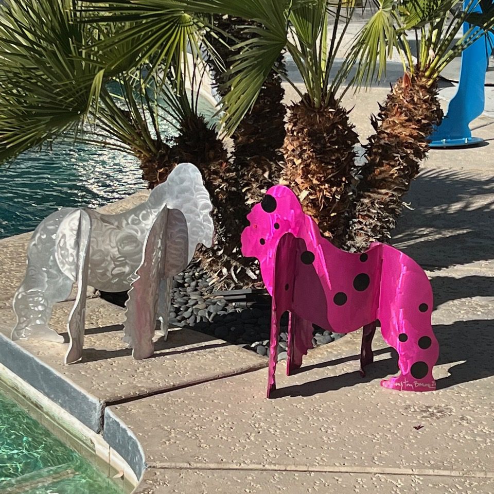 Photo of Steel Gorilla Sculptures in Silver and Pink by Karen and Tony Barone